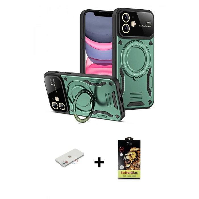 MARSİLYAN™- iPhone 11 Kılıf Kıvılcım Modern Serisi - Siyah Buffer Cam Ekran Koruyucu + Pembe Renkli Kamera Lens Koruma Cam