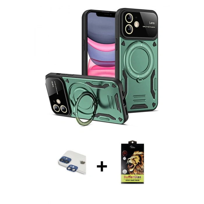 MARSİLYAN™- iPhone 11 Kılıf Kıvılcım Modern Serisi - Siyah Buffer Cam Ekran Koruyucu + Pers Alüminyum Kamera Lens - LT