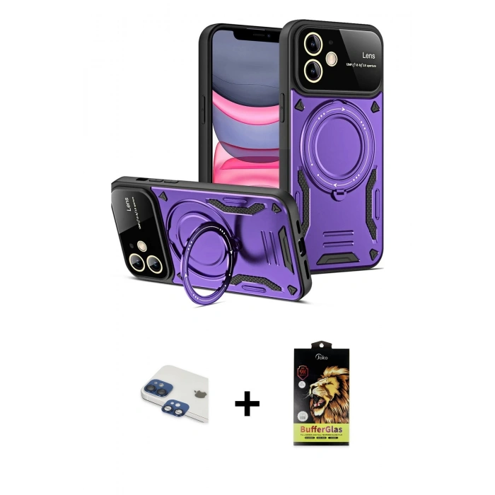 MARSİLYAN™- iPhone 11 Kılıf Kıvılcım Modern Serisi - Siyah Buffer Cam Ekran Koruyucu + Pers Alüminyum Kamera Lens - LT