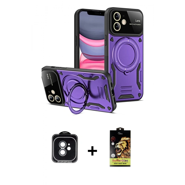 MARSİLYAN™- iPhone 11 Kılıf Kıvılcım Modern Serisi - Siyah Buffer Cam Ekran Koruyucu + PVD Metal Kamera Lens - YL