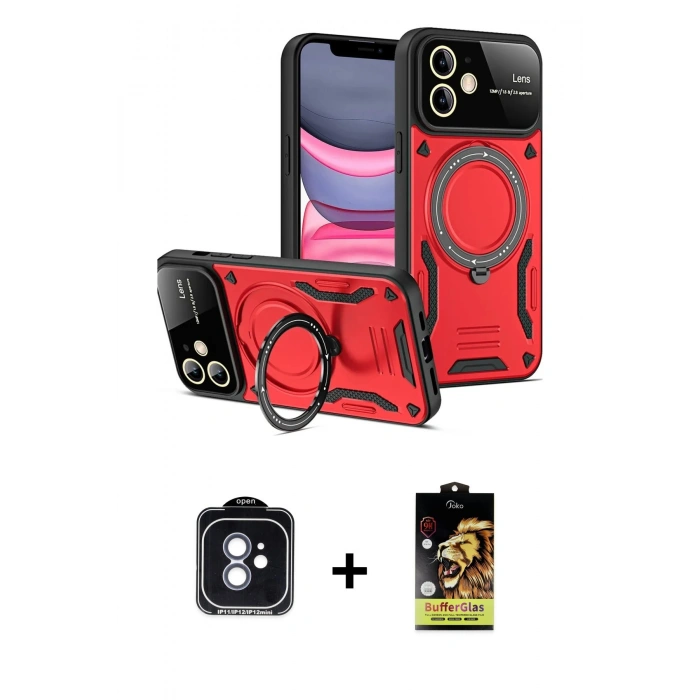 MARSİLYAN™- iPhone 11 Kılıf Kıvılcım Modern Serisi - Siyah Buffer Cam Ekran Koruyucu + PVD Metal Kamera Lens - MI