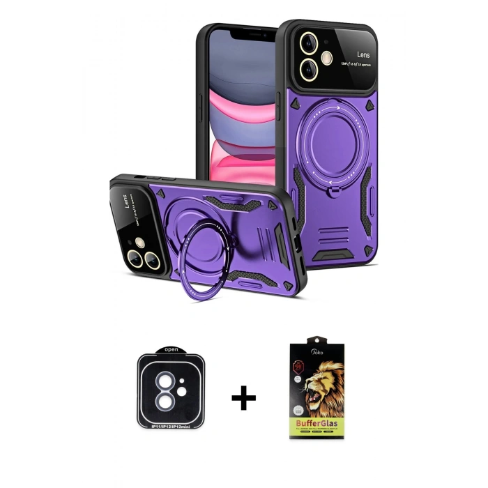 MARSİLYAN™- iPhone 11 Kılıf Kıvılcım Modern Serisi - Siyah Buffer Cam Ekran Koruyucu + PVD Metal Kamera Lens - MI