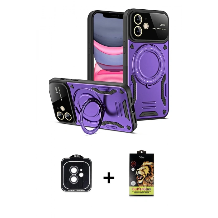MARSİLYAN™- iPhone 11 Kılıf Kıvılcım Modern Serisi - Siyah Buffer Cam Ekran Koruyucu + PVD Metal Kamera Lens - SH