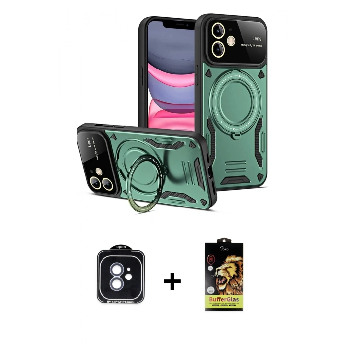 MARSİLYAN™- iPhone 11 Kılıf Kıvılcım Modern Serisi - Siyah Buffer Cam Ekran Koruyucu + PVD Metal Kamera Lens - MI