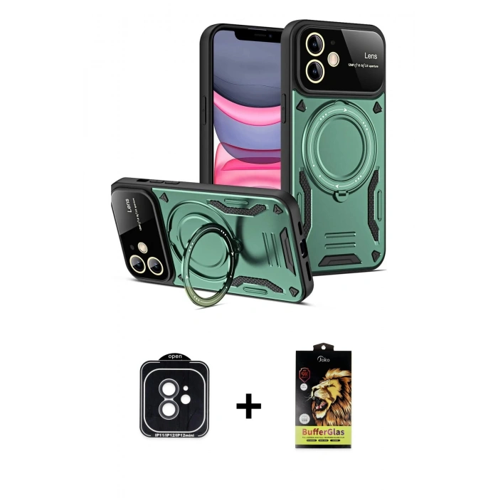 MARSİLYAN™- iPhone 11 Kılıf Kıvılcım Modern Serisi - Siyah Buffer Cam Ekran Koruyucu + PVD Metal Kamera Lens - SH