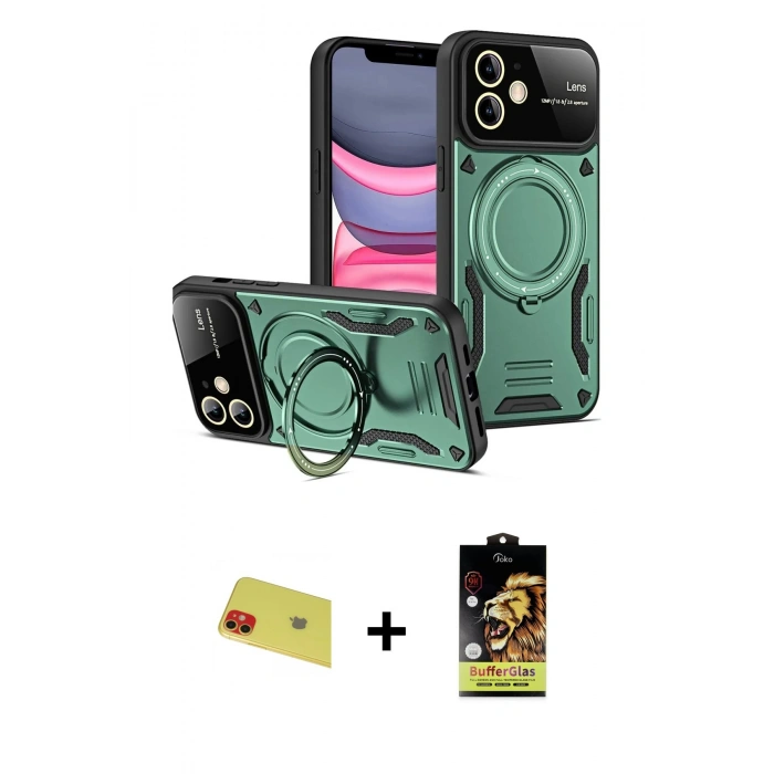 MARSİLYAN™- iPhone 11 Kılıf Kıvılcım Modern Serisi - Siyah Buffer Cam Ekran Koruyucu + Rainbow Kamera Lens Koruma Cam - KI