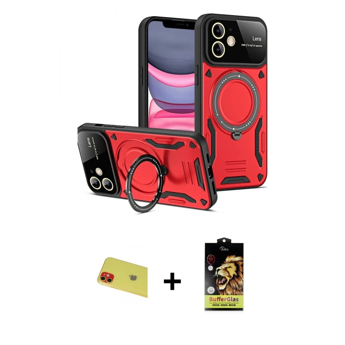 MARSİLYAN™- iPhone 11 Kılıf Kıvılcım Modern Serisi - Siyah Buffer Cam Ekran Koruyucu + Rainbow Kamera Lens Koruma Cam - KI