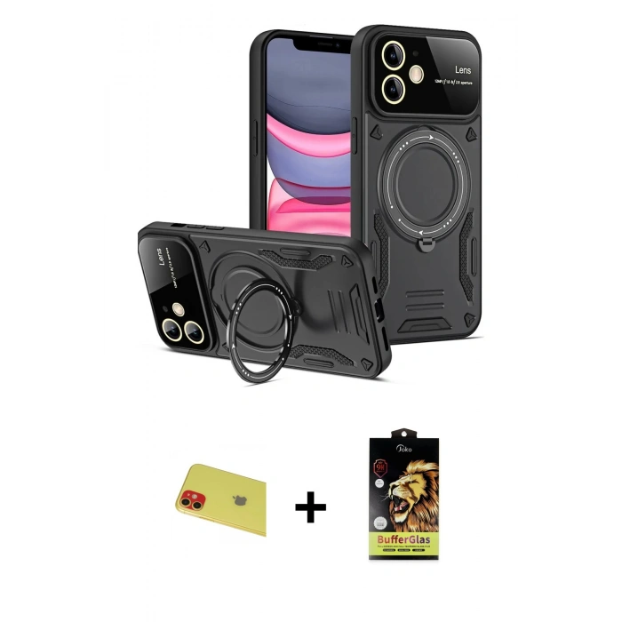 MARSİLYAN™- iPhone 11 Kılıf Kıvılcım Modern Serisi - Siyah Buffer Cam Ekran Koruyucu + Rainbow Kamera Lens Koruma Cam - KI