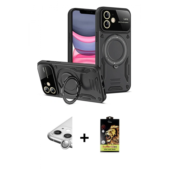 MARSİLYAN™- iPhone 11 Kılıf Kıvılcım Modern Serisi - Siyah Buffer Cam Ekran Koruyucu + Raze Metal Kamera Lens - GS