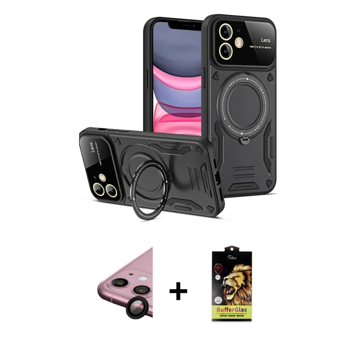 MARSİLYAN™- iPhone 11 Kılıf Kıvılcım Modern Serisi - Siyah Buffer Cam Ekran Koruyucu + Raze Metal Kamera Lens - SH