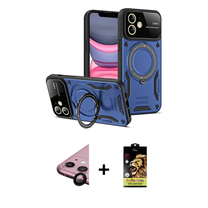 MARSİLYAN™- iPhone 11 Kılıf Kıvılcım Modern Serisi - Siyah Buffer Cam Ekran Koruyucu + Raze Metal Kamera Lens - SH