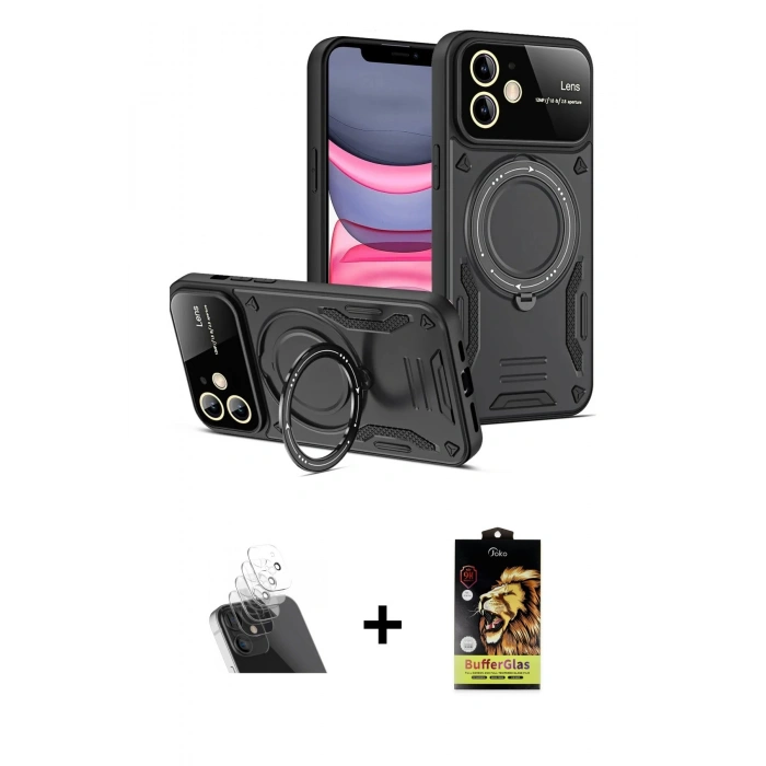 MARSİLYAN™- iPhone 11 Kılıf Kıvılcım Modern Serisi - Siyah Buffer Cam Ekran Koruyucu + Şeffaf Kamera Lens Koruma Cam