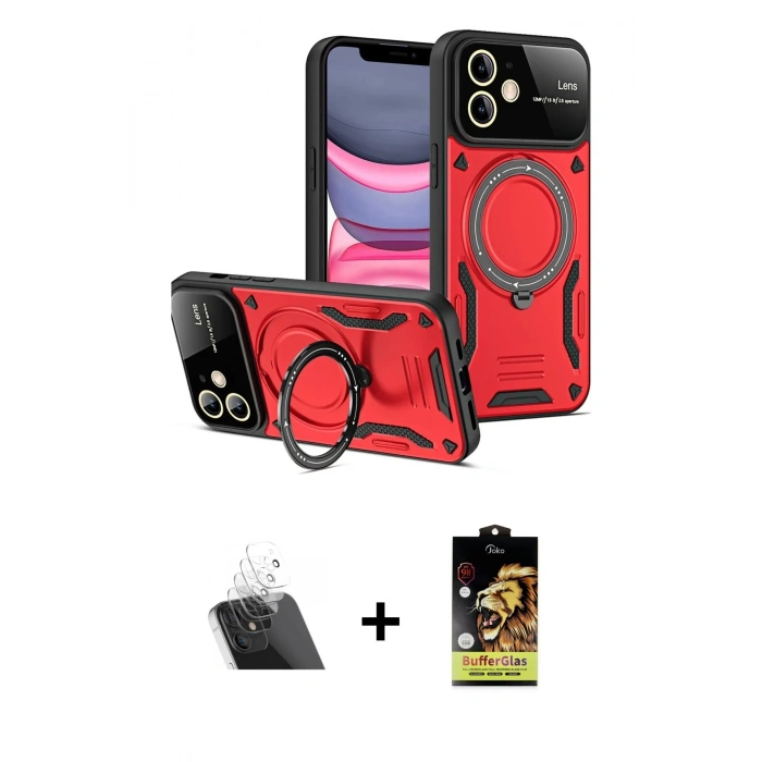 MARSİLYAN™- iPhone 11 Kılıf Kıvılcım Modern Serisi - Siyah Buffer Cam Ekran Koruyucu + Şeffaf Kamera Lens Koruma Cam