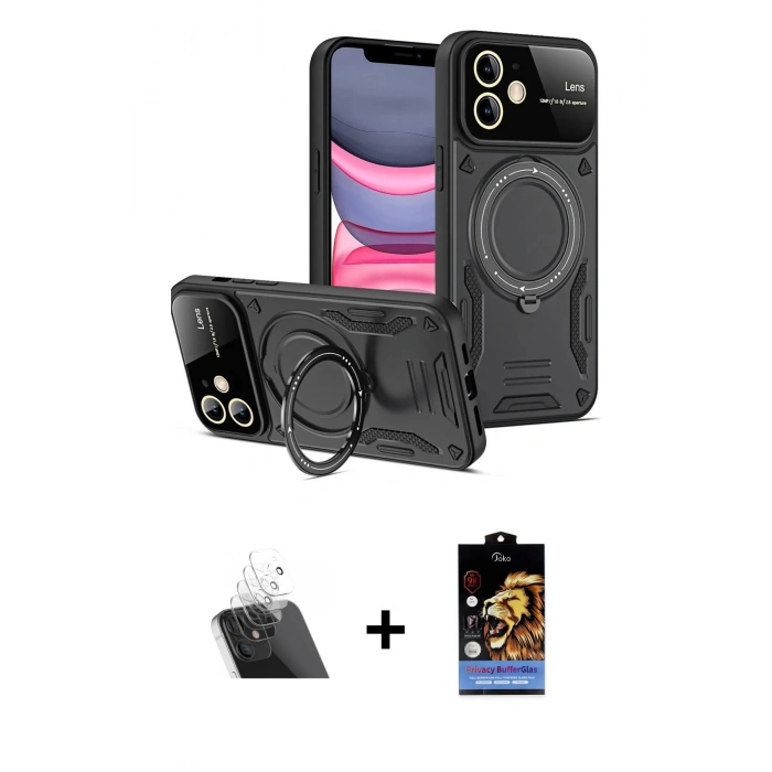 MARSİLYAN™- iPhone 11 Kılıf Kıvılcım Modern Serisi - Siyah Buffer Hayalet Cam Ekran Koruyucu + Kamera Lens Koruma Cam - SF