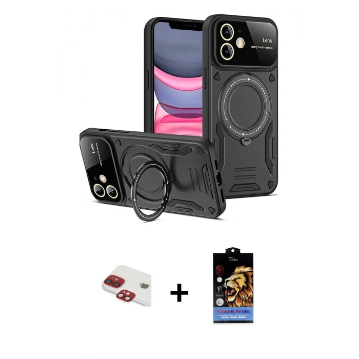 MARSİLYAN™- iPhone 11 Kılıf Kıvılcım Modern Serisi - Siyah Buffer Hayalet Cam Ekran Koruyucu + Kırmızı Pers Alüminyum Kamera Lens
