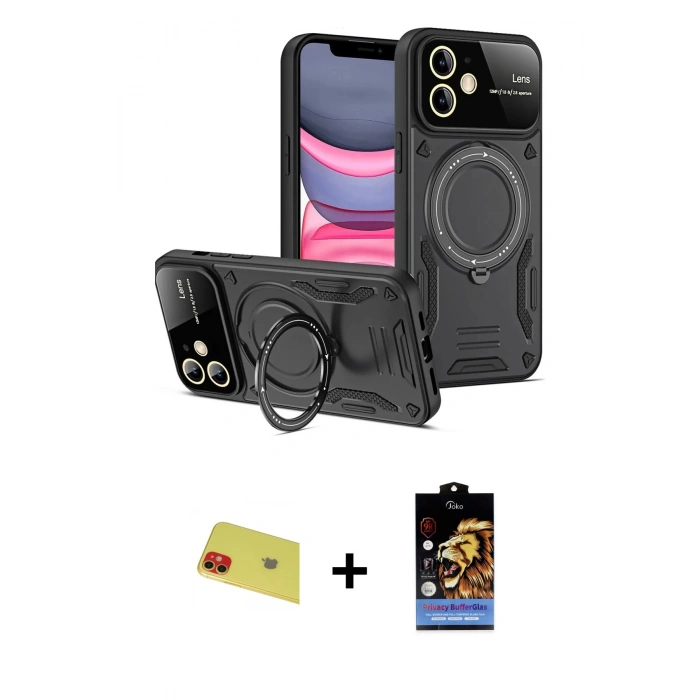 MARSİLYAN™- iPhone 11 Kılıf Kıvılcım Modern Serisi - Siyah Buffer Hayalet Cam Ekran Koruyucu + Kırmızı Rainbow Kamera Lens Koruma Cam
