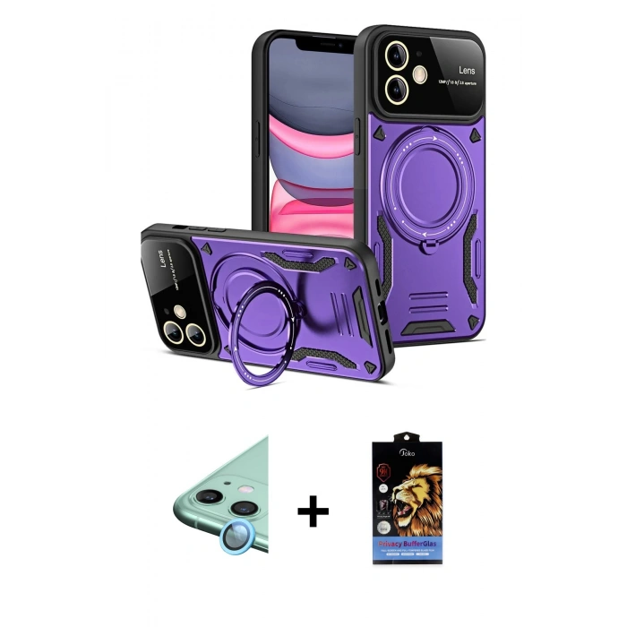 MARSİLYAN™- iPhone 11 Kılıf Kıvılcım Modern Serisi - Siyah Buffer Hayalet Cam Ekran Koruyucu + Raze Metal Kamera Lens - MI