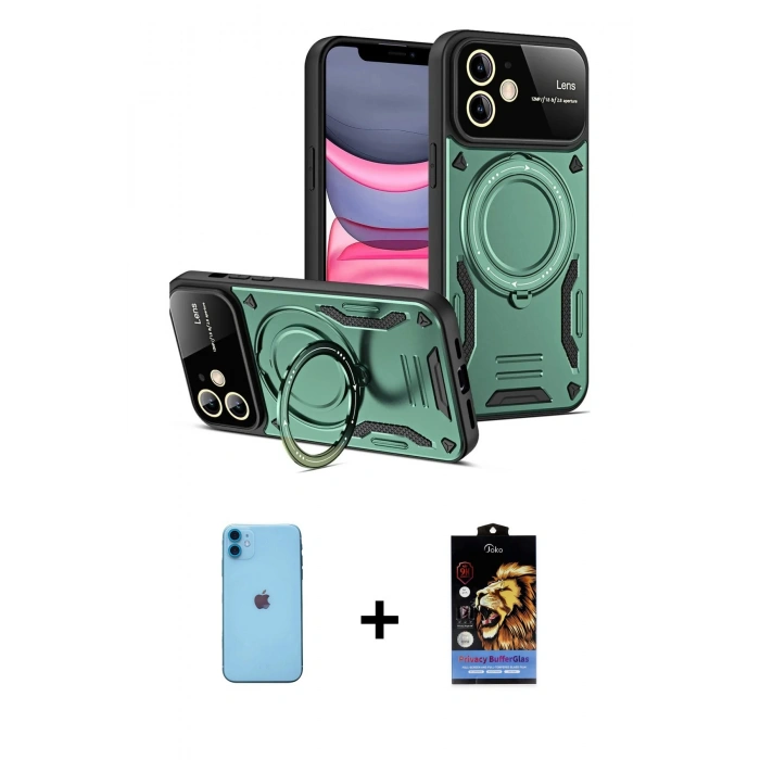 MARSİLYAN™- iPhone 11 Kılıf Kıvılcım Modern Serisi - Siyah Buffer Hayalet Cam Ekran Koruyucu + Neon Fosforlu Kamera Lens - MI