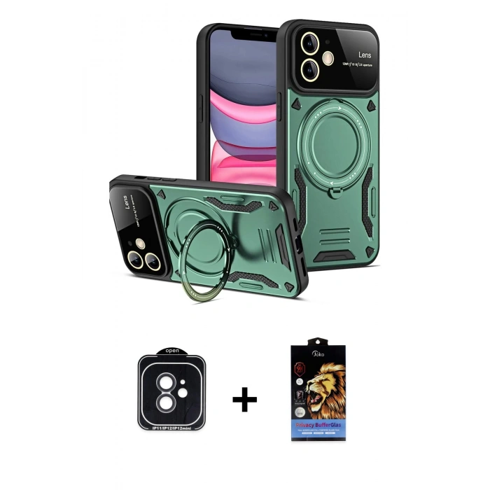 MARSİLYAN™- iPhone 11 Kılıf Kıvılcım Modern Serisi - Siyah Buffer Hayalet Cam Ekran Koruyucu + PVD Metal Kamera Lens - SH