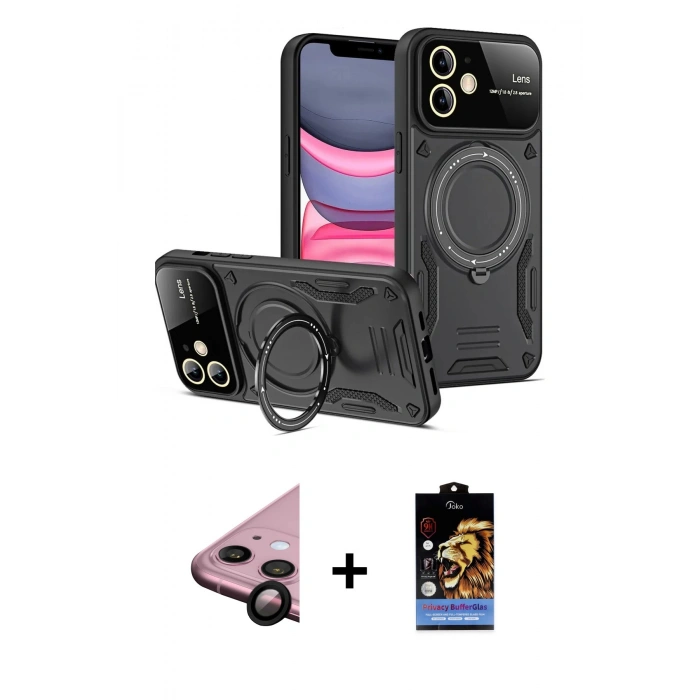 MARSİLYAN™- iPhone 11 Kılıf Kıvılcım Modern Serisi - Siyah Buffer Hayalet Cam Ekran Koruyucu + Raze Metal Kamera Lens - SH