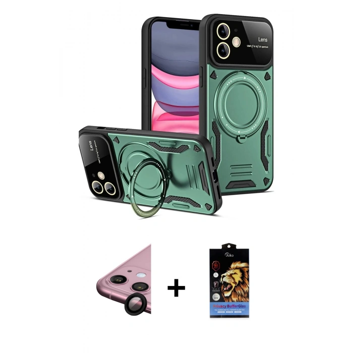 MARSİLYAN™- iPhone 11 Kılıf Kıvılcım Modern Serisi - Siyah Buffer Hayalet Cam Ekran Koruyucu + Raze Metal Kamera Lens - SH