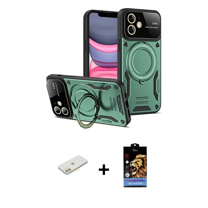 MARSİLYAN™- iPhone 11 Kılıf Kıvılcım Modern Serisi - Siyah Buffer Hayalet Cam Ekran Koruyucu + Renkli Kamera Lens Koruma Cam - TU