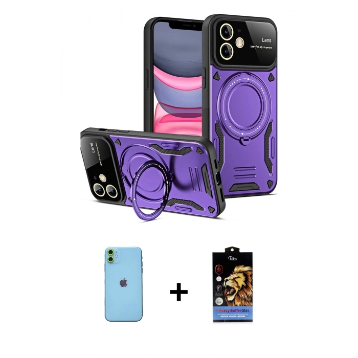 MARSİLYAN™- iPhone 11 Kılıf Kıvılcım Modern Serisi - Siyah Buffer Hayalet Cam Ekran Koruyucu + Neon Fosforlu Kamera Lens - YL