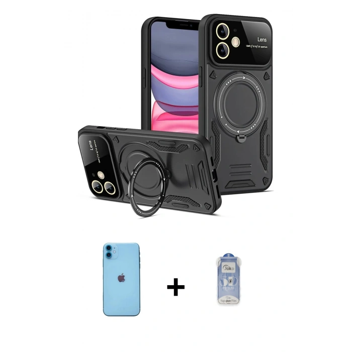 MARSİLYAN™- iPhone 11 Kılıf Kıvılcım Modern Serisi - Siyah Joko Magic 5D Cam + Mavi Neon Fosforlu Kamera Lens