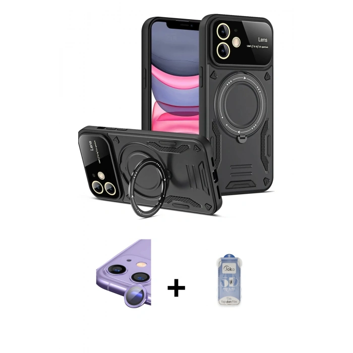MARSİLYAN™- iPhone 11 Kılıf Kıvılcım Modern Serisi - Siyah Joko Magic 5D Cam + Raze Metal Kamera Lens - MR