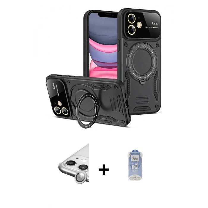 MARSİLYAN™- iPhone 11 Kılıf Kıvılcım Modern Serisi - Siyah Joko Magic 5D Cam + Raze Metal Kamera Lens - GS
