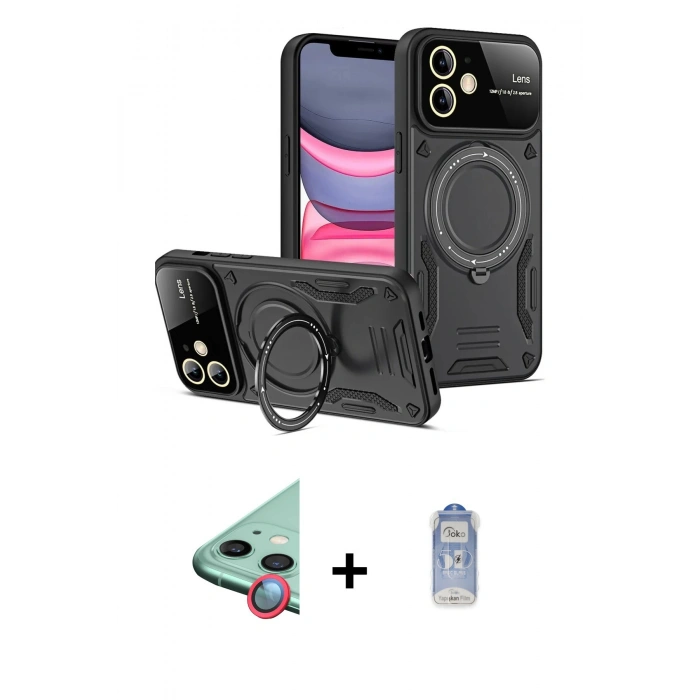 MARSİLYAN™- iPhone 11 Kılıf Kıvılcım Modern Serisi - Siyah Joko Magic 5D Cam + Raze Metal Kamera Lens - KI