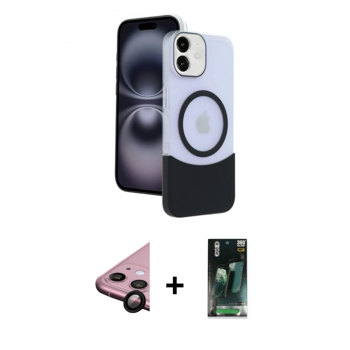 MARSİLYAN™- iPhone 11 Kılıf Kozmos Form Özel Seri - Siyah 360 Mat Full Body Arka Koruyucu + Raze Metal Kamera Lens - SH