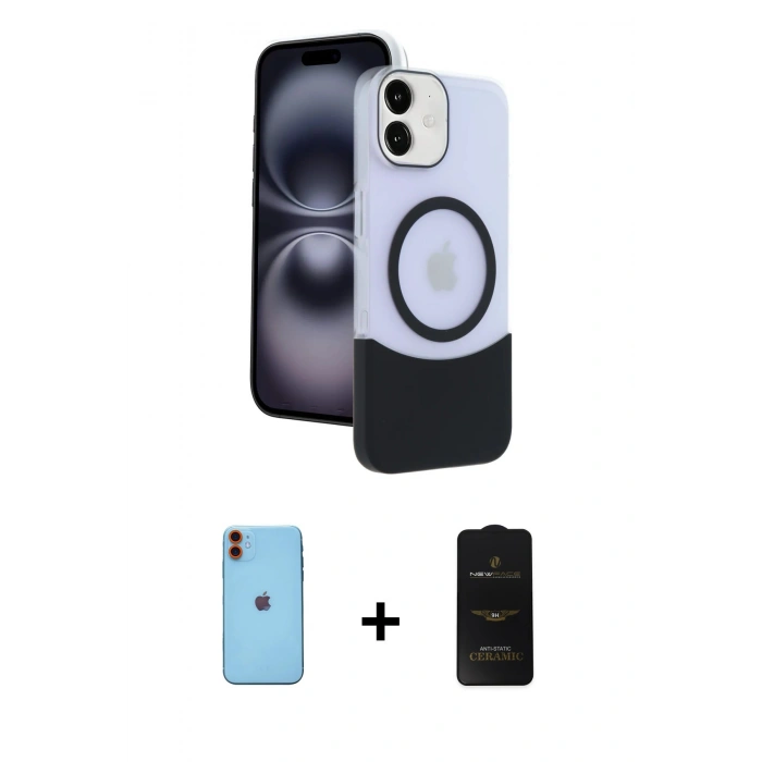 MARSİLYAN™- iPhone 11 Kılıf Kozmos Form Özel Seri - Siyah 6D Antistatik Mat Seramik Hayalet Nano Ekran Koruyucu + Turuncu Neon Fosforlu Kamera Lens