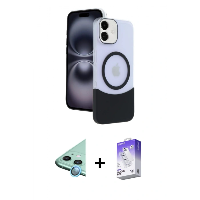 MARSİLYAN™- iPhone 11 Kılıf Kozmos Form Özel Seri - Siyah Bilvis 5in1 3D Magic Cam Ekran Koruyucu + Mavi Raze Metal Kamera Lens