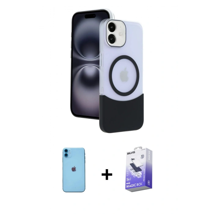 MARSİLYAN™- iPhone 11 Kılıf Kozmos Form Özel Seri - Siyah Bilvis 5in1 5D Magic Hayalet Cam Ekran Koruyucu + Neon Fosforlu Kamera Lens - MI