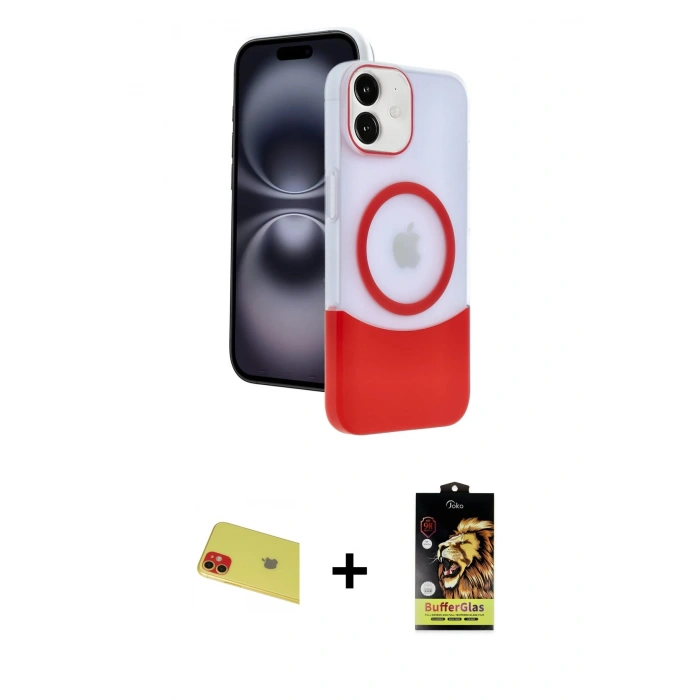MARSİLYAN™- iPhone 11 Kılıf Kozmos Form Özel Seri - Siyah Buffer Cam Ekran Koruyucu + Kırmızı Rainbow Kamera Lens Koruma Cam