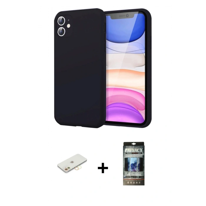 MARSİLYAN™- iPhone 11 Kılıf Kozmos Yansıma Özel Seri - Siyah 34D Hayalet Izgaralı Cam + Renkli Kamera Lens Koruma Cam - SI