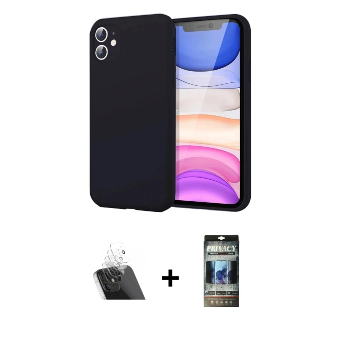 MARSİLYAN™- iPhone 11 Kılıf Kozmos Yansıma Özel Seri - Siyah 34D Hayalet Izgaralı Cam + Şeffaf Kamera Lens Koruma Cam