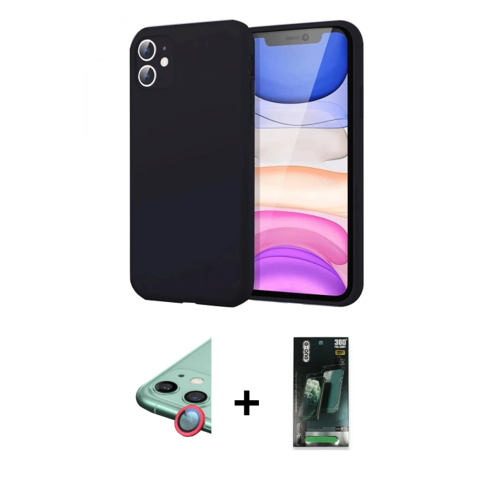 MARSİLYAN™- iPhone 11 Kılıf Kozmos Yansıma Özel Seri - Siyah 360 Mat Full Body Arka Koruyucu + Raze Metal Kamera Lens - KI