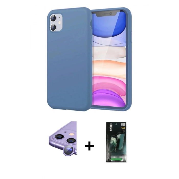 MARSİLYAN™- iPhone 11 Kılıf Kozmos Yansıma Özel Seri - Siyah 360 Mat Full Body Arka Koruyucu + Mor Raze Metal Kamera Lens