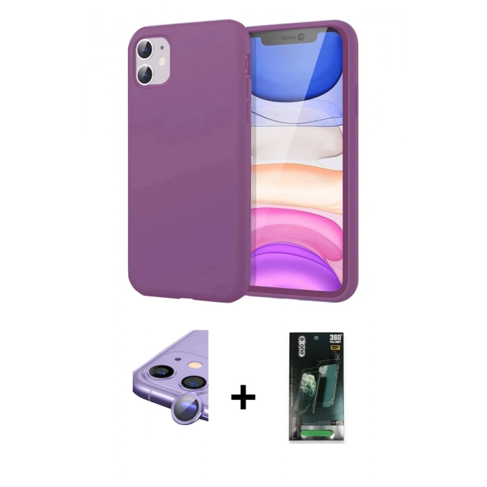 MARSİLYAN™- iPhone 11 Kılıf Kozmos Yansıma Özel Seri - Siyah 360 Mat Full Body Arka Koruyucu + Mor Raze Metal Kamera Lens