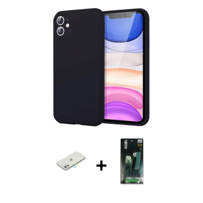 MARSİLYAN™- iPhone 11 Kılıf Kozmos Yansıma Özel Seri - Siyah 360 Mat Full Body Arka Koruyucu + Renkli Kamera Lens Koruma Cam - SI