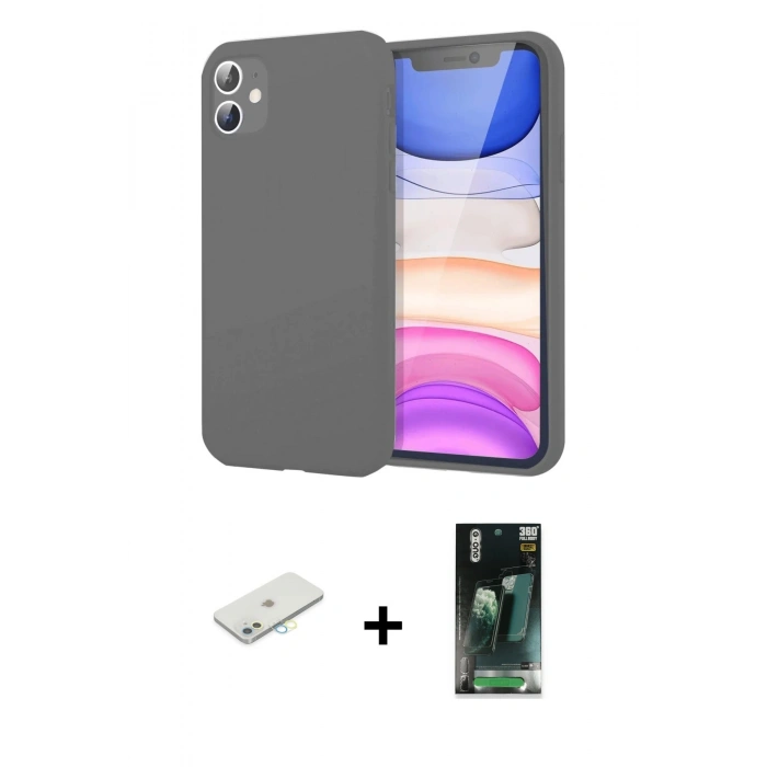 MARSİLYAN™- iPhone 11 Kılıf Kozmos Yansıma Özel Seri - Siyah 360 Mat Full Body Arka Koruyucu + Renkli Kamera Lens Koruma Cam - SI