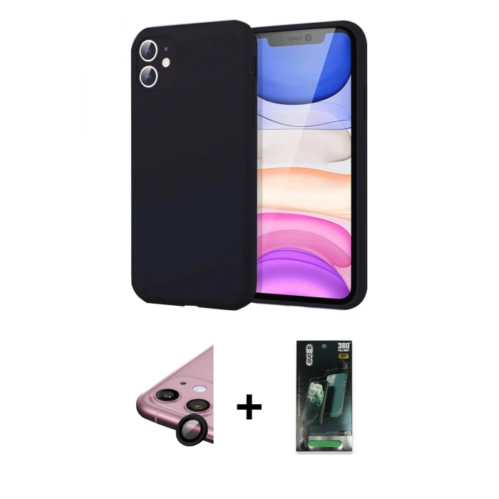 MARSİLYAN™- iPhone 11 Kılıf Kozmos Yansıma Özel Seri - Siyah 360 Mat Full Body Arka Koruyucu + Raze Metal Kamera Lens - SH