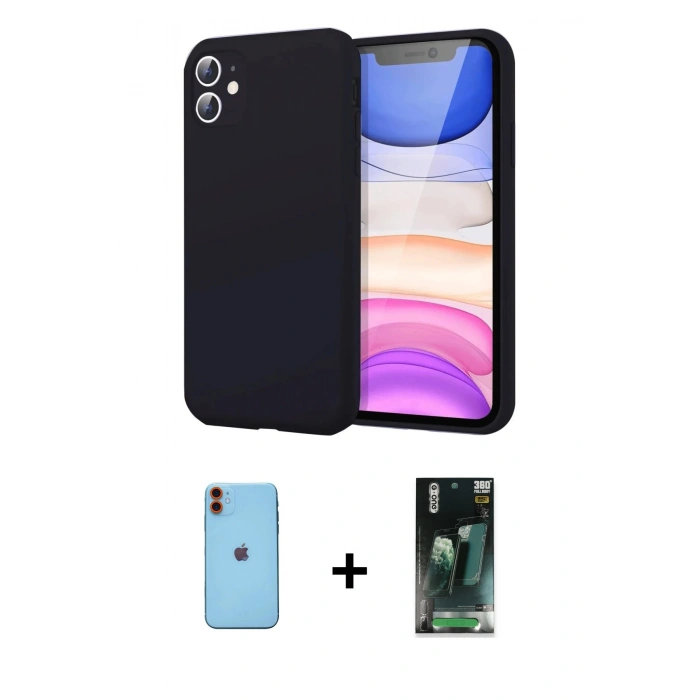MARSİLYAN™- iPhone 11 Kılıf Kozmos Yansıma Özel Seri - Siyah 360 Mat Full Body Arka Koruyucu + Neon Fosforlu Kamera Lens - TU
