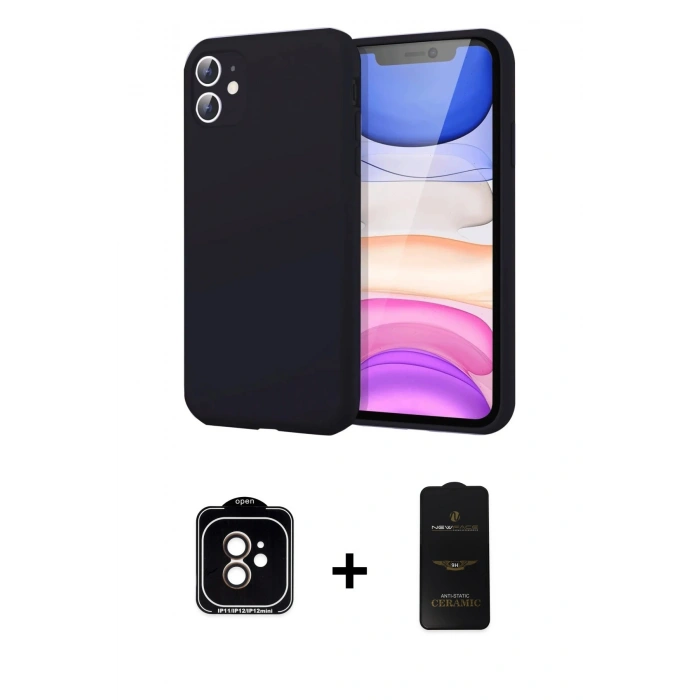 MARSİLYAN™- iPhone 11 Kılıf Kozmos Yansıma Özel Seri - Siyah 6D Antistatik Mat Seramik Hayalet Nano Ekran Koruyucu + Turuncu PVD Metal Kamera Lens