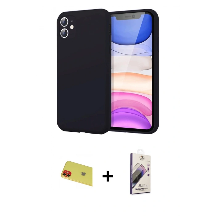 MARSİLYAN™- iPhone 11 Kılıf Kozmos Yansıma Özel Seri - Siyah Bilvis 3D Mat Cam Ekran Koruyucu + Rainbow Kamera Lens Koruma Cam - KI