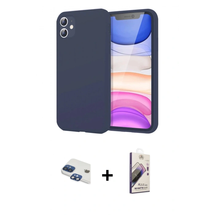 MARSİLYAN™- iPhone 11 Kılıf Kozmos Yansıma Özel Seri - Siyah Bilvis 3D Mat Cam Ekran Koruyucu + Lacivert Pers Alüminyum Kamera Lens