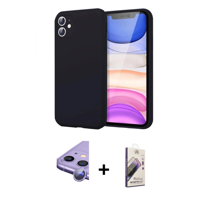 MARSİLYAN™- iPhone 11 Kılıf Kozmos Yansıma Özel Seri - Siyah Bilvis 3D Mat Cam Ekran Koruyucu + Mor Raze Metal Kamera Lens