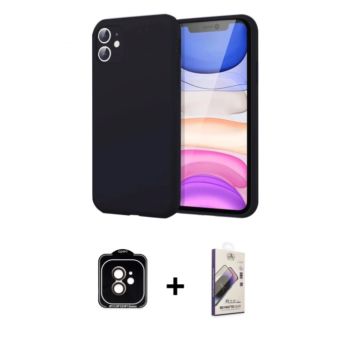 MARSİLYAN™- iPhone 11 Kılıf Kozmos Yansıma Özel Seri - Siyah Bilvis 3D Mat Cam Ekran Koruyucu + Turuncu PVD Metal Kamera Lens